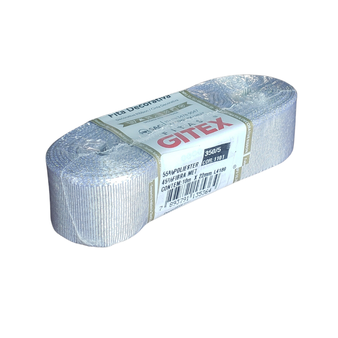 Fita De Cetim Branco Gliterizado Prata