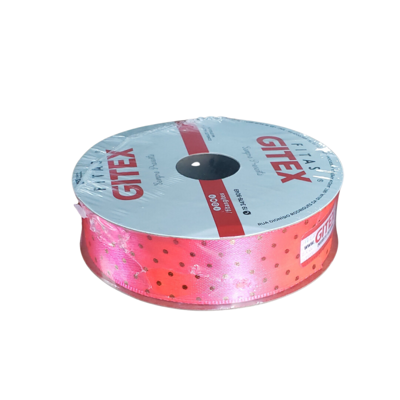 Fita De Cetim Pink Cítrico Poa Dourado
