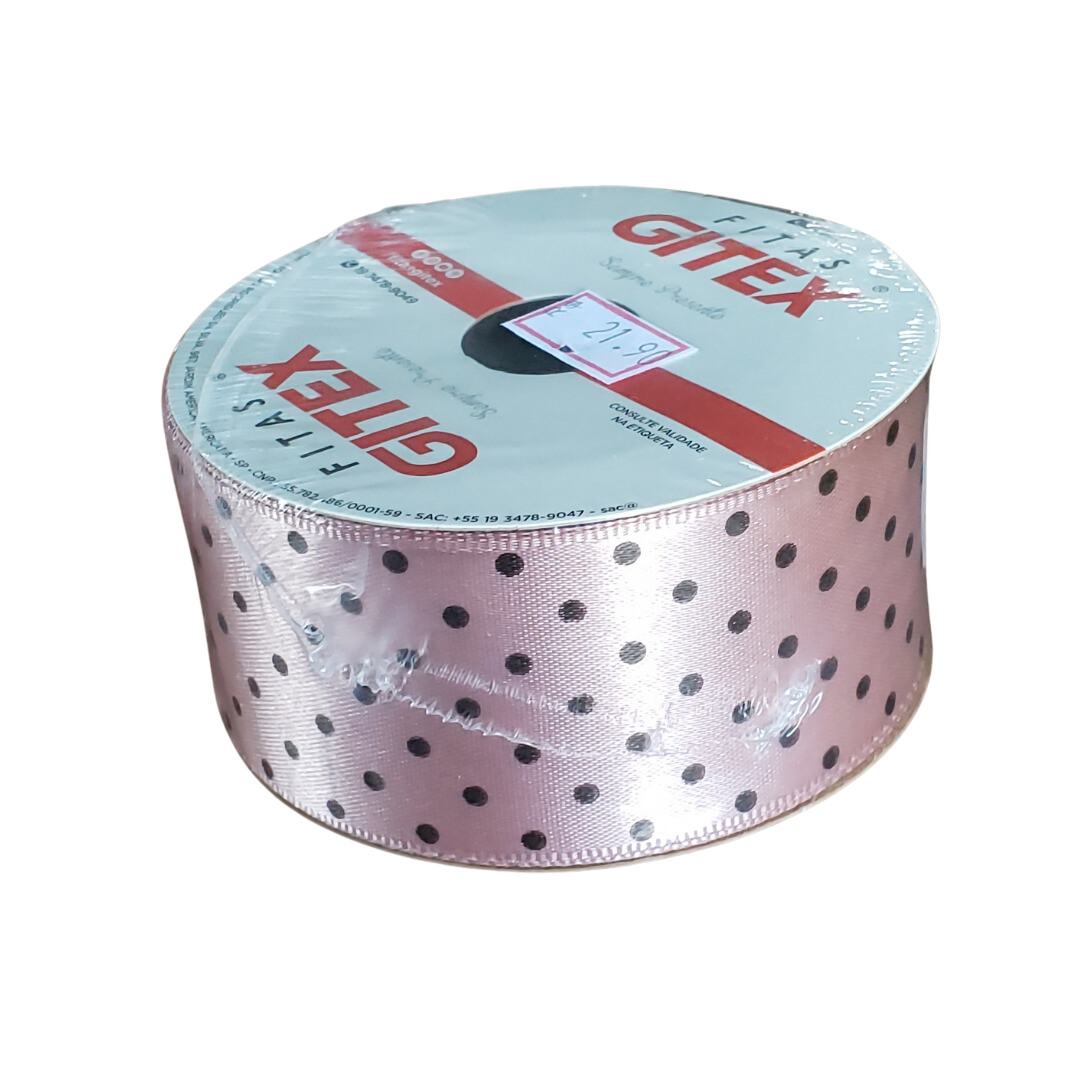 Fita De Cetim Rosa Chá Poa Preto