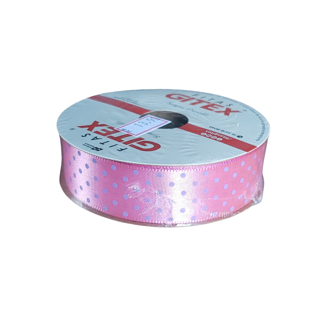 Fita De Cetim Rosa Chiclete Poa Azul
