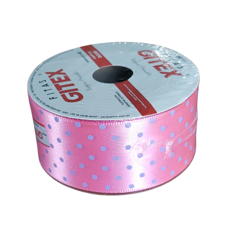 Fita De Cetim Rosa Chiclete Poa Azul