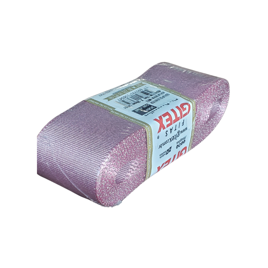 Fita De Cetim Rosa Gliterizado Prata