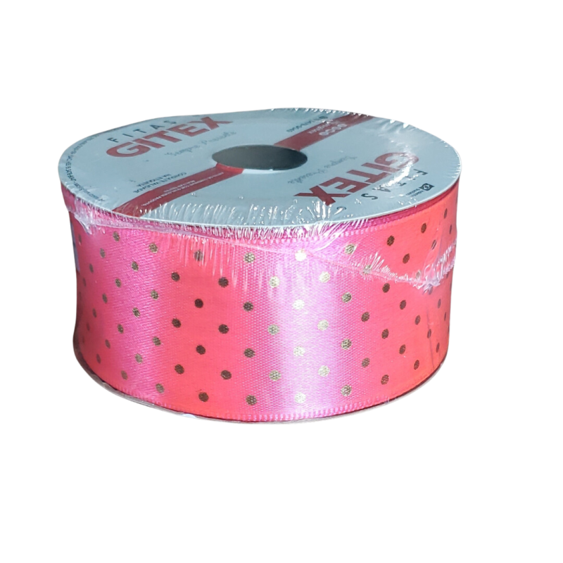 Fita De Cetim Rosa Poa Dourado