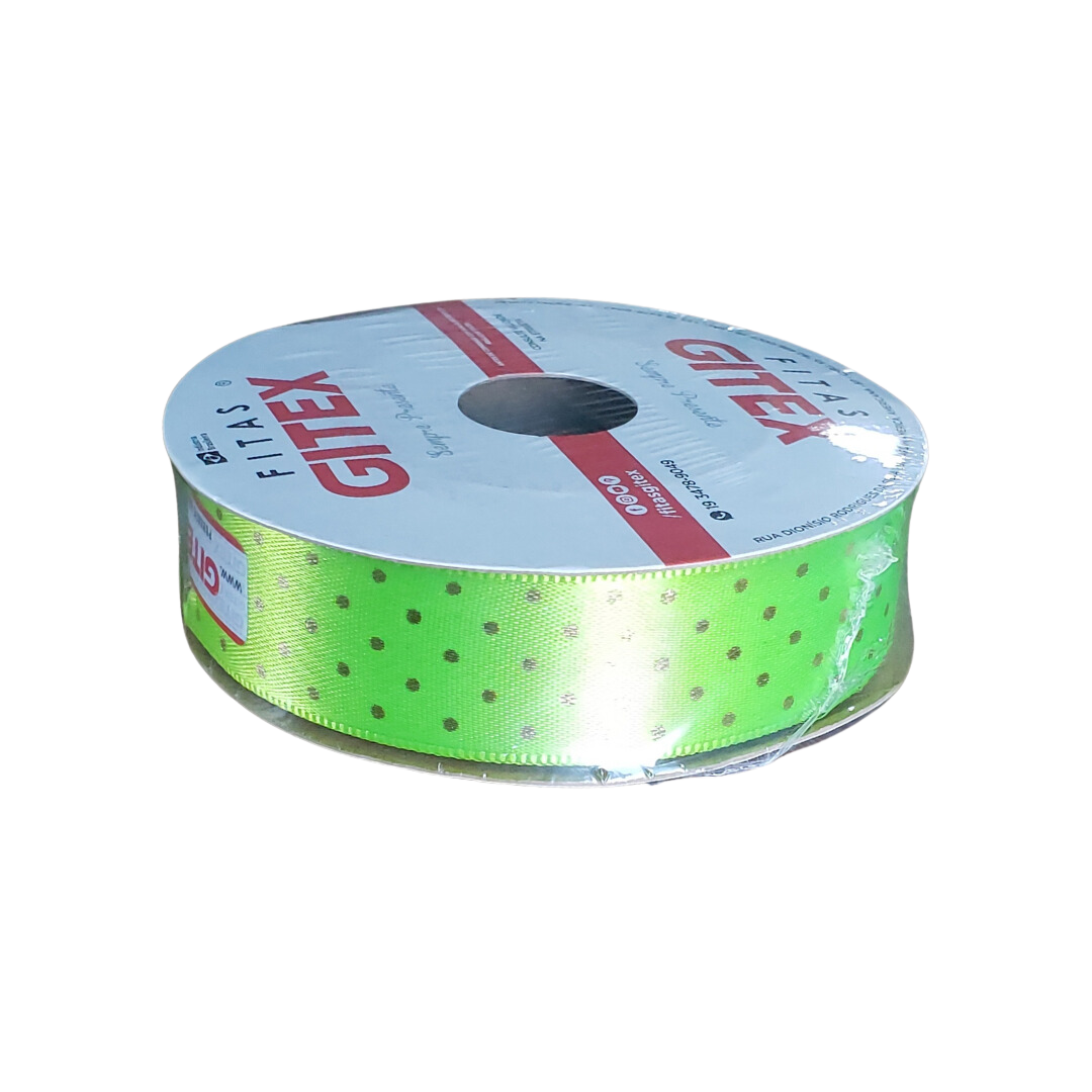 Fita De Cetim Verde Cítrico Poa Dourado