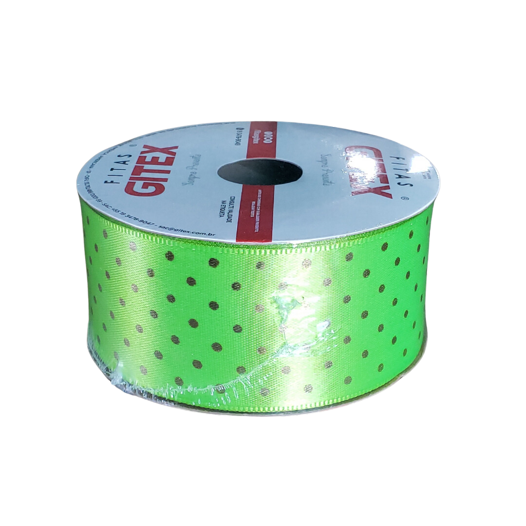 Fita De Cetim Verde Cítrico Poa Dourado