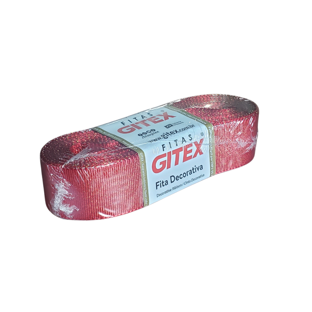 Fita De Cetim Vermelho Gliterizado Dourado