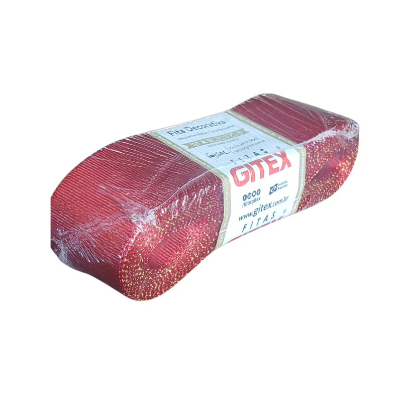 Fita De Cetim Vermelho Gliterizado Dourado