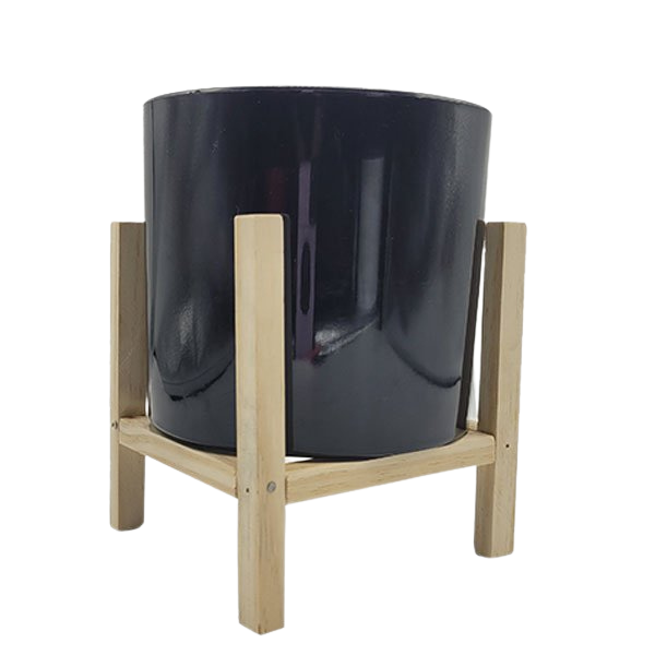 Cachepot Cilindro Acrílico Pote 15 Preto C/Suporte De Madeira