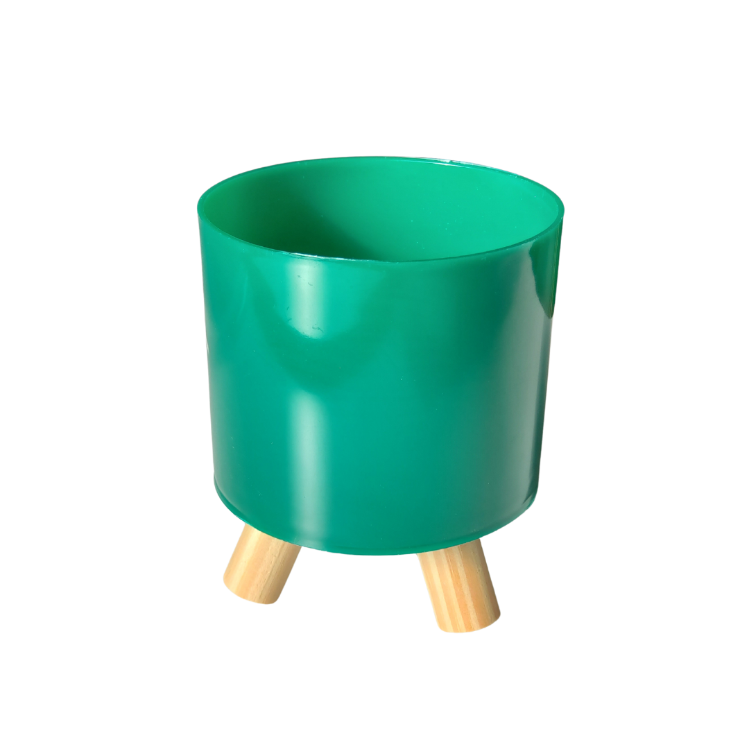 Cachepot Acrílico Pliê C/ Suporte De Madeira Verde Escuro