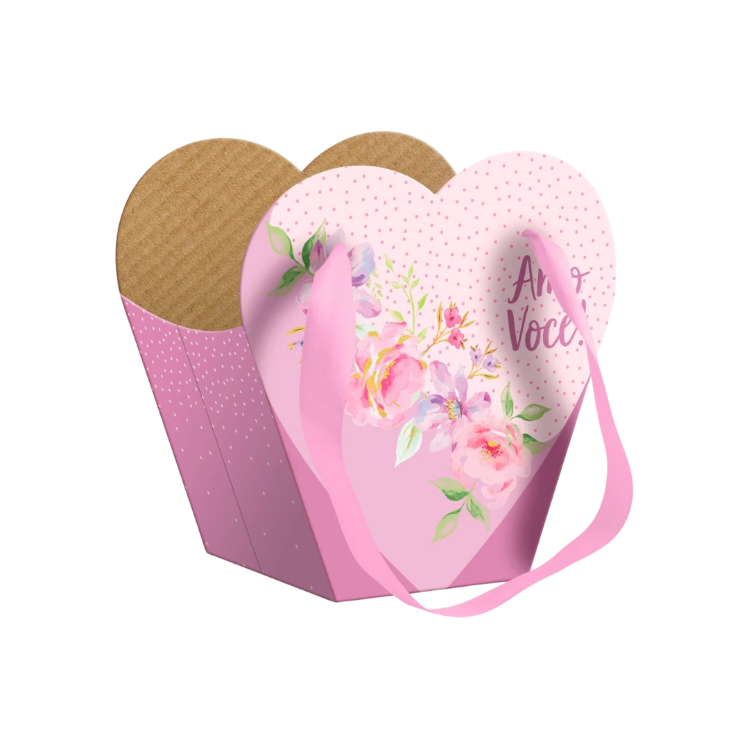 Caixa Coração C/Alça De Cetim Flora 19x12x19cm Rosa/Lilás (Dia Das Mães)